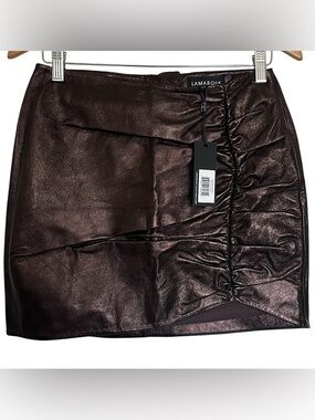 NWT Lamarque 100% Lambskin Leather Mini Skirt Ruched Metallic Women’s Size 6